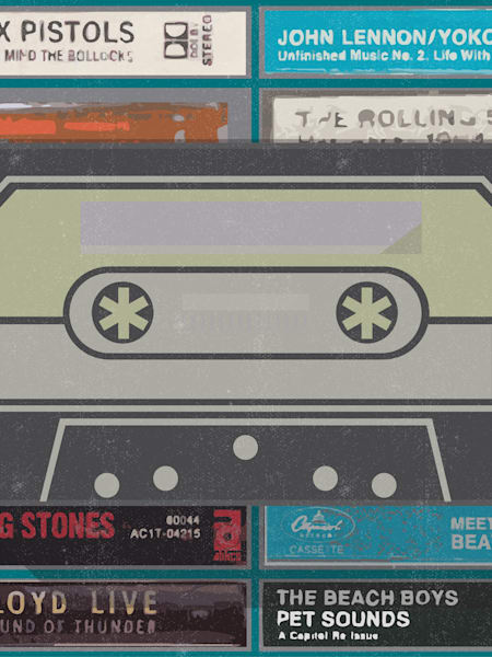 Una ilustración de casetes con álbumes clásicos de Sex Pistols, John Lennon, Pink Floyd y demás.