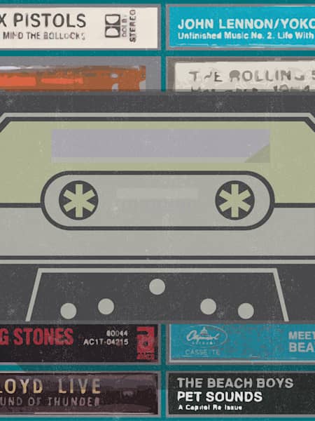 Una ilustración de casetes con álbumes clásicos de Sex Pistols, John Lennon, Pink Floyd y demás.