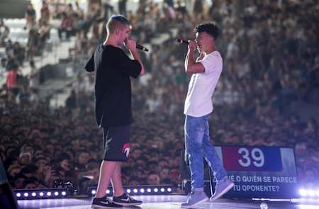 Mc Bnet and Mc Valles T perform during Red Bull Batalla de Los Gallos World Final at Club Hipico Argentino in Buenos Aires, Argentina on December 09, 2018.