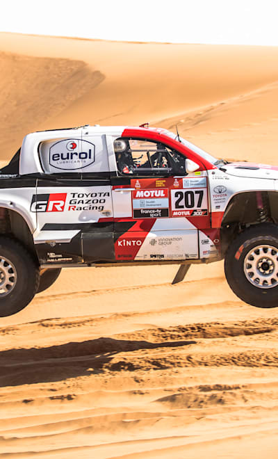 Giniel De Villiers (ZAF) of Toyota Gazoo Racing races during stage 8 of Rally Dakar 2022 from Al Dawadimi to Wadi Dawasir, Saudi Arabia on January 10, 2022 .