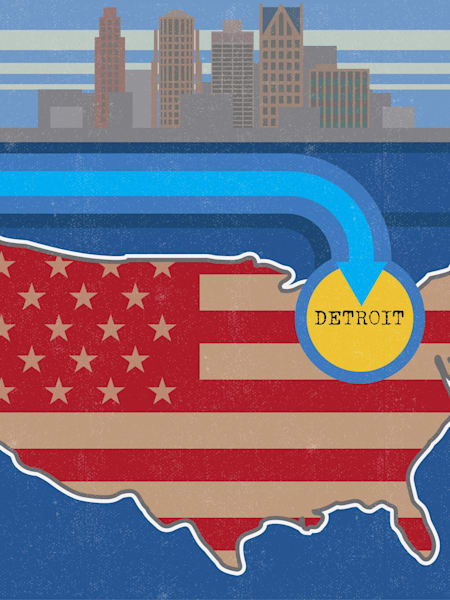An illustration of Detroit's position on a map of North America, plus the city's famous skyline.