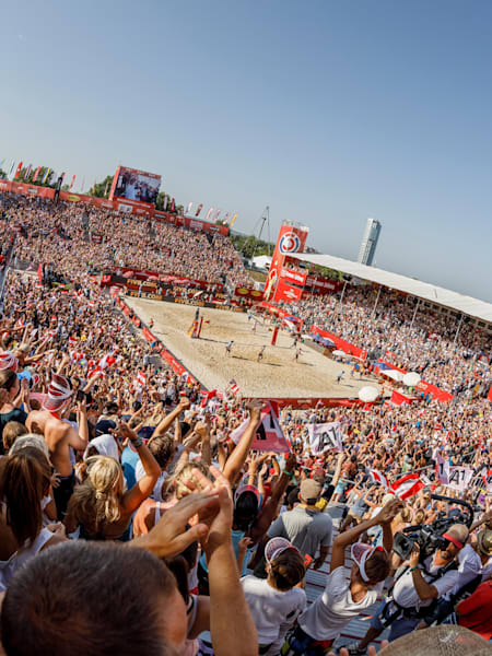 Overview of a packed Centre Court during the Beach Volleyball World Championships in Vienna, Austria on August 4, 2017.
