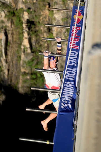 Thomas van Tonder training at the Bloukrans Bridge, South Africa. Later this month the obstacle course racing world champion will try to cross more than 600 monkey bars beneath the bridge's arch.