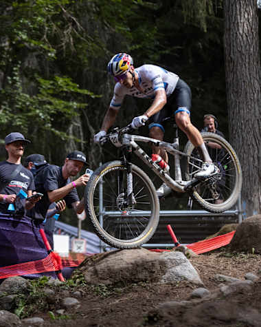 Vlad Dascălu performs at the UCI MTB World Cup in Val di Sole, Italy on July 2, 2023