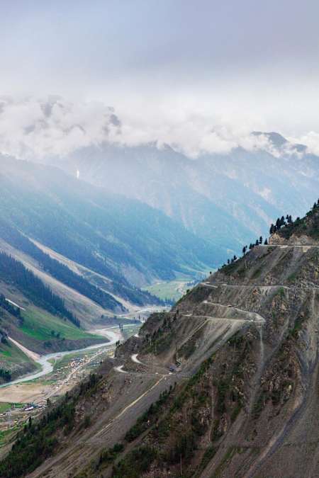 India's Zoji La Pass hairpin bends seen from above.