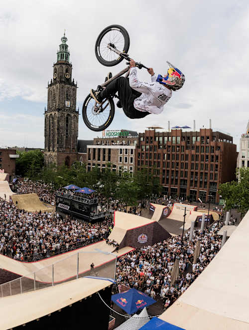 Erik Fedko throws down a massive trick above a packed crowd during Red Bull District Ride in Groningen, Netherlands on July 25, 2026.