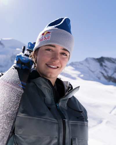 Olympic freestyle skier Mathilde Gremaud poses with her gear at Red Bull Performance Camp 2025 in Saas-Fee, Switzerland.