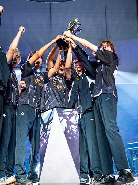 The Karmine Corp players celebrate their victory in Stage 2 of the 2026 VCT EMEA by lifting the trophy in Badalona, near Barcelona.