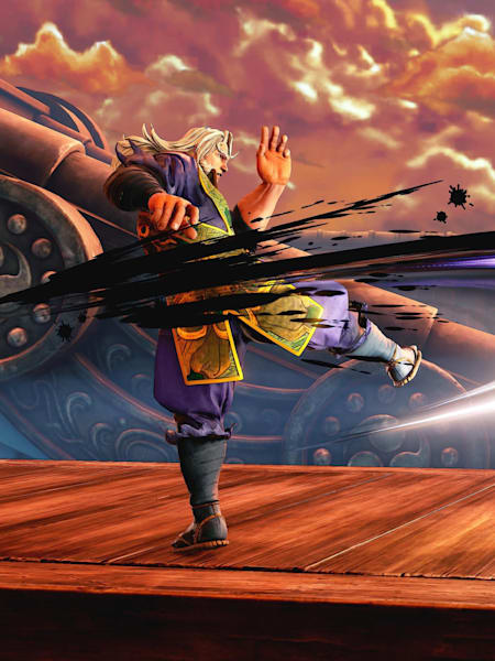 Street Fighter V character Zeku hits Akuma with a Bushin Gram – Koku attack