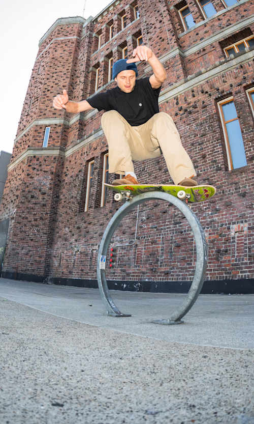 Madars Apse tackles a daring Pole Jam trick on the streets of the Mission District, San Francisco, California for Red Bull’s Season 5 skate series, Skate Tales (2025)