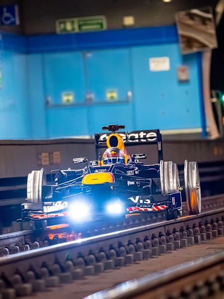 Patrick Friesacher drives an Oracle Red Bull Racing Formula One car through the Madrid subway in Madrid, Spain, on 10 April 2026
