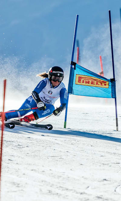 Sofia Goggia carves through a slalom gate.