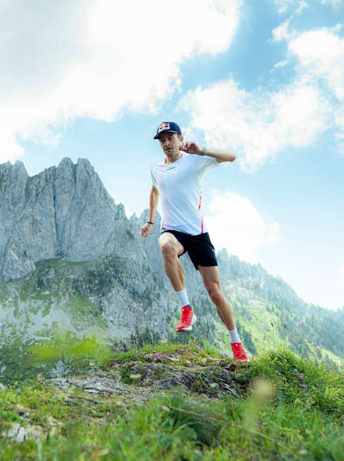 Remi Bonnet Trailrunning in front of the Gastlosen in Jaun, Switzerland on July 11, 2024.