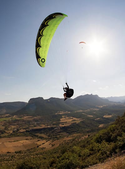 Paraglider Jack Pimblett makes a flight over Catalonia, Spain.