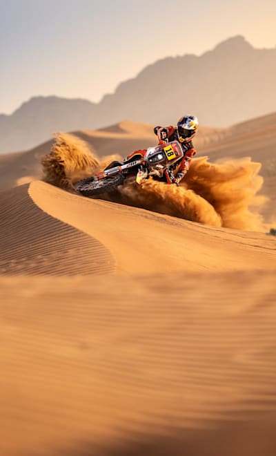 Toby Price performs during testing for the Dakar Rally 2022 in Dubai, UAE on October 30, 2021.