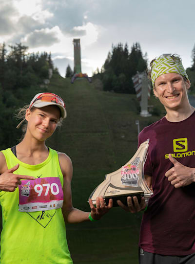 Winners Eszter Hortbagyová of Slovakia and Jozef Hlavčo of Slovakia pose for a portrait after the Red Bull 400 at Štrbské Pleso, Slovakia