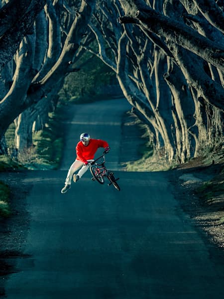 Senad Grosic performs during the Riding Thrones project at The Dark Hedges in Ballymoney, Ireland on April 29, 2018