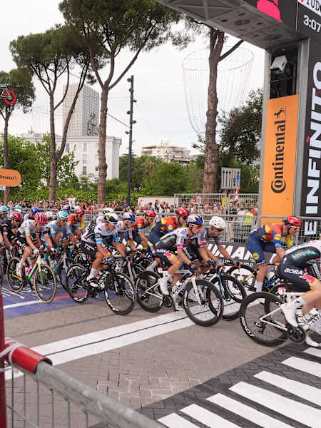 The pack rides last lap during Stage 1 of the Giro d’Italia from Durazzo to Tirana, Albania, on Friday, May 9, 2025.