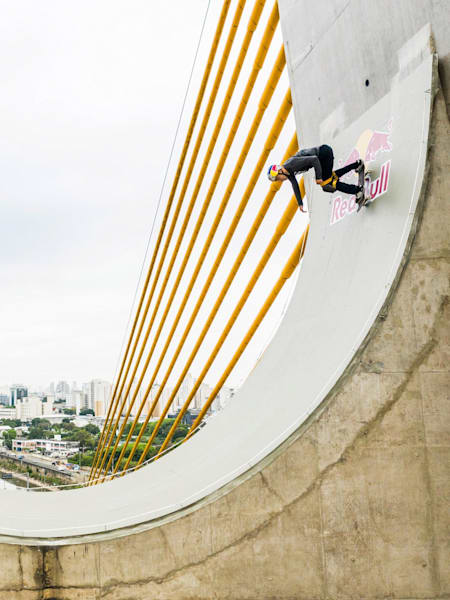 Skateboarder Sandro Dias performs at Estaiadinha Bridge in Sao Paulo, Brazil on November 19, 2019.