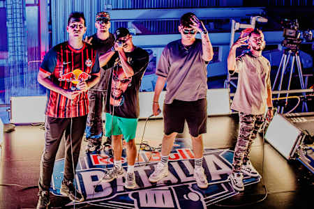 The faces of Red Bull Batalla (left to right): 2023 international champion Chuty; 2019 U.S. champion Yartzi; 2022 U.S. champion Oner; 2023 U.S. champion Reverse; host Racso White Lion.