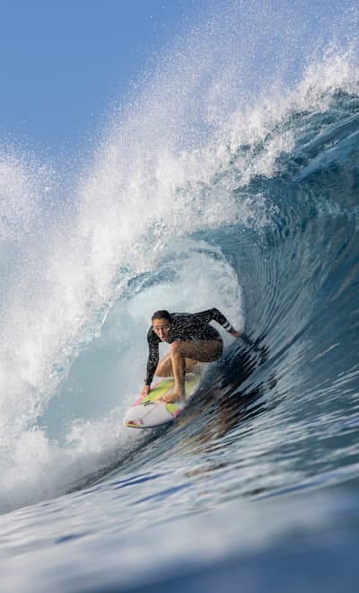 Carissa Moore surfing in Teahupo’o, French Polynesia on August 6th, 2023. 