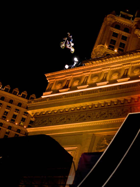 Robbie Maddison rides his bike off the top of the Arc de Triomphe in Las Vegas on December 31, 2008.