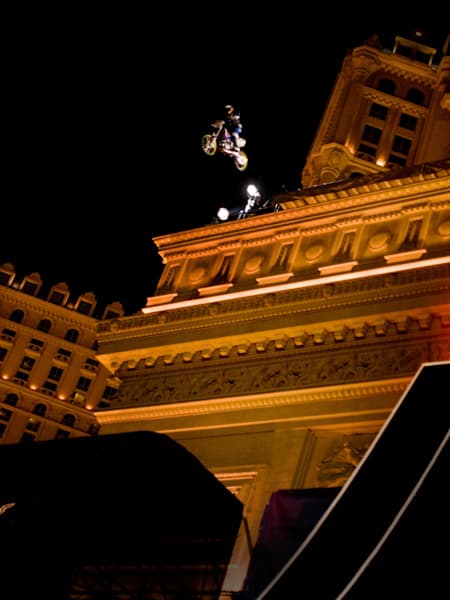 Robbie Maddison rides his bike off the top of the Arc de Triomphe in Las Vegas on December 31, 2008.