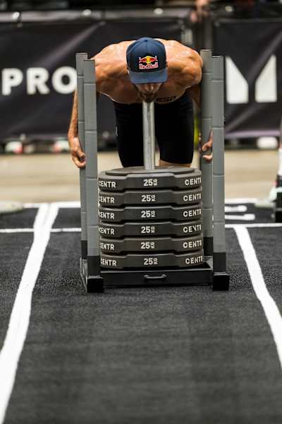 Alexander Rončević tackles the Men’s Elite 15 sled push during the Hyrox World Championship in Chicago, USA, on June 12, 2025.
