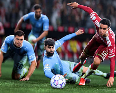 A first in-game screenshot from EA FC 27, taken during the match between Manchester City and FC Bayern Munich.