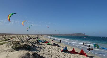 Kitesurfers enjoy their sport off the Costa da Fragata on Sal Island in Cape Verde.