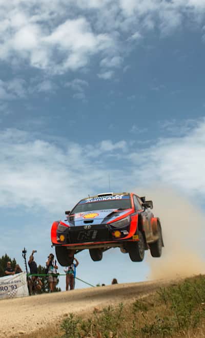 Ott Tänak of team Hyundai Shell Mobis seen performing at Micky's jump at the Monte Lerno stage during the World Rally Championship Italy in Alghero, Italy, on June 4, 2022. 
