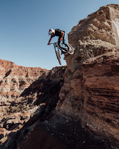 Jaxson Riddle performs on his line during practice at Red Bull Rampage in Virgin, Utah USA on October 10, 2021.