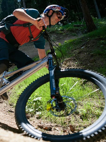 Rob Warner and Thomas Oehler riding mountain bikes in Innsbruck, Austria.
