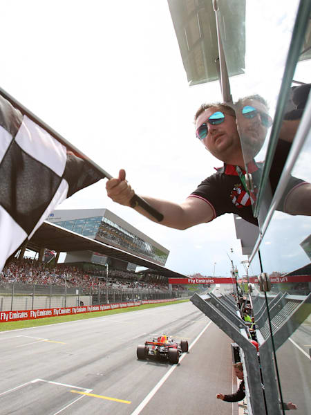 Daniel Ricciardo takes the chequered flag during the Grand Prix of Austria at the Red Bull Ring on July 9, 2017.