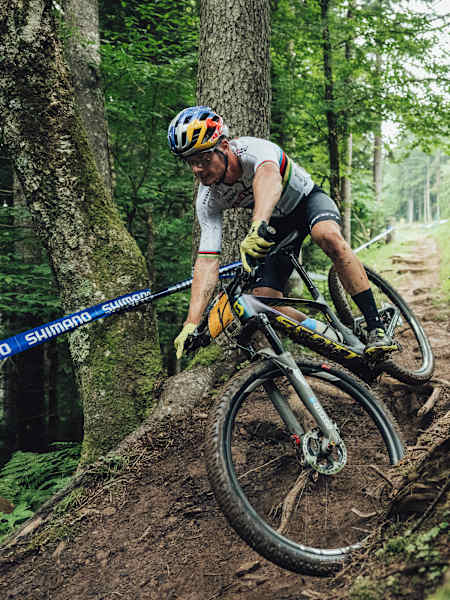 Martin Vidaurre performs at the 2022 men's XCO World Cup finals race in Snowshoe.