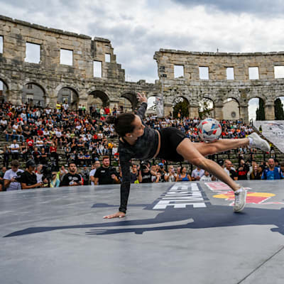 Laura Biondo of Venezuela and Aguska Mnich of Poland perform during the Red Bull Street Style World finals in Pula, Croatia, on October 8, 2022.