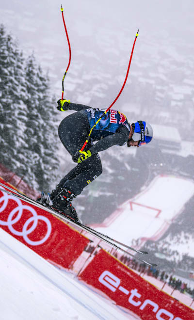 Dominik Paris of Italy performs during the Hahnenkamm Race in Kitzbuehel, Austria, on January 21, 2023. 