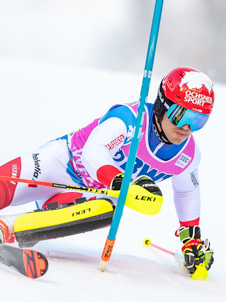 Loic Meillard (SUI) competes in the slalom race during the FIS Alpine Skiing World Cup in Wengen, Switzerland on January 19, 2020