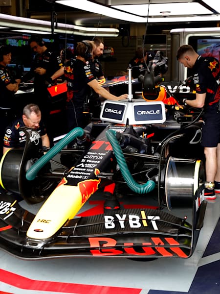 Members of the Oracle Red Bull Racing team work on the car before the start of a race. 