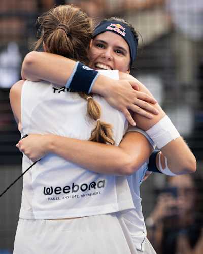 Gemma Triay and Delfina Brea celebrate after winning the BNL Italy Major Premier Padel final in Rome, Italy in June 2026. 