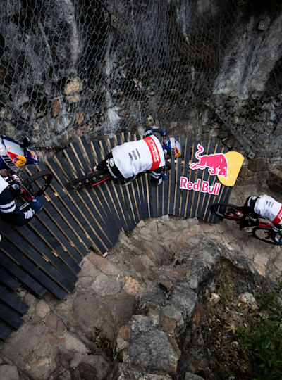 Pedro Burns rides a man-made wooden wallride at Red Bull Monserrate Cerro Abajo 2021 in Bogota, Colombia on February 6, 2021.