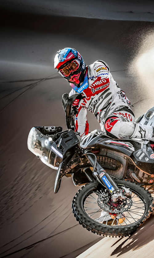 CS Santosh rides a sand dune at the PanAfrica Rally.