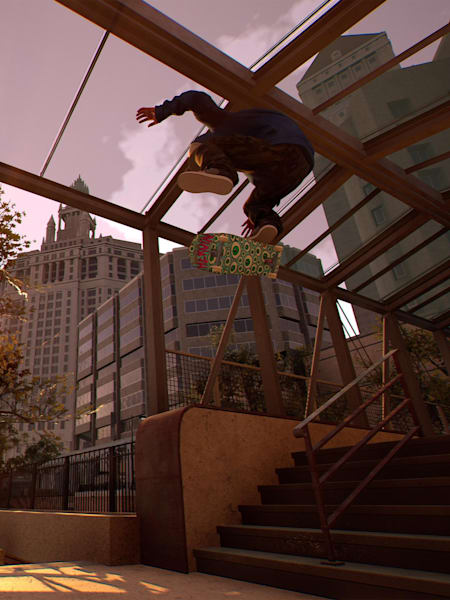 Una captura de pantalla de un personaje en pleno vuelo en Session, el videojuego de skateboard de creā-ture Studios.