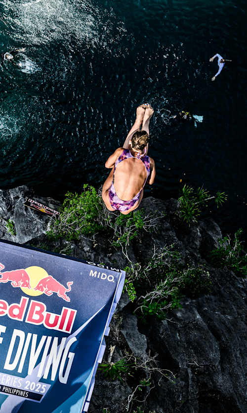 Kaylea Arnett showcases skill as she dives from 21 metres during the Red Bull Cliff Diving World Series stop at the enchanting Big Lagoon in El Nido, Philippines, April 2025