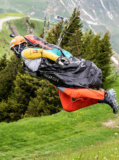Christian Maurer launches during the Red Bull X-Alps in Champery, Switzerland on June 21, 2019.