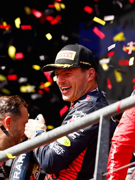 The race winners trophies of Max Verstappen of Netherlands and Red