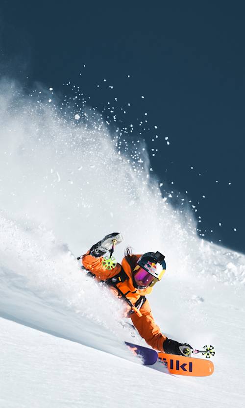 Nadine Wallner skiing during the project Backyard in St. Anton am Arlberg, Austria, on March 25th, 2024. 
