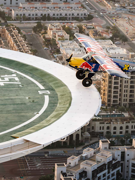 Luke Czepiela of Poland lands as first person in history an airplane (a CubCrafters Carbon Cub UL) on the helipad of the Burj al Arab Hotel in Dubai, United Arab Emirates on March 14, 2023. 