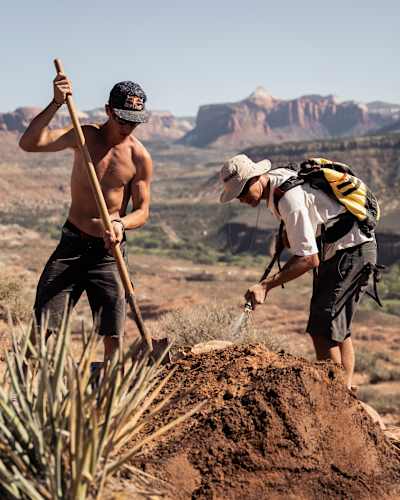 Jaxson Riddle seen building his line ahead of Red Bull Rampage 2026 in Virgin, Utah.