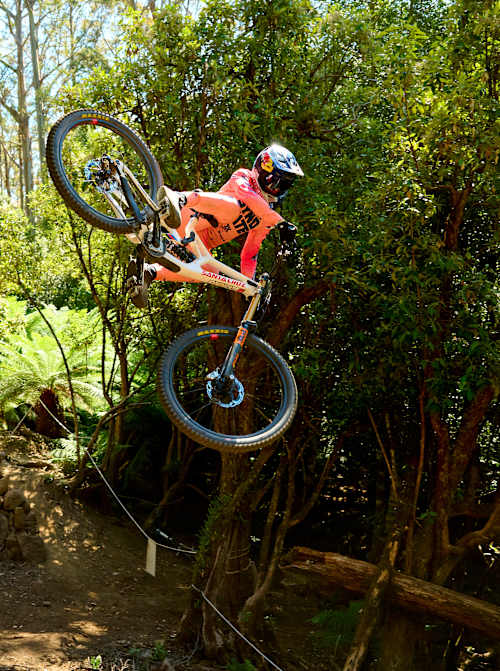 Jackson Goldstone catches massive air during Red Bull Hardline practice at Maydena Bike Park, Australia, in 2026.